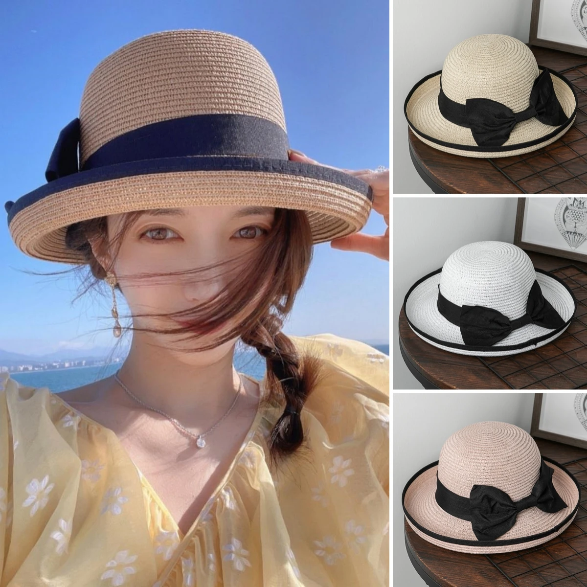 Fashion Summer Panama Beach Straw Hat For Women Beach Rolled Up Sun Hat Casual Travel Cap Simple Wide Brim Bow Hat Casquette