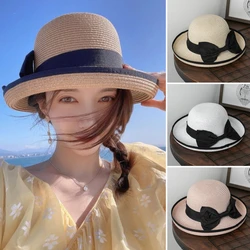 Fashion Summer Panama Beach Straw Hat For Women Beach Rolled Up Sun Hat Casual Travel Cap Simple Wide Brim Bow Hat Casquette