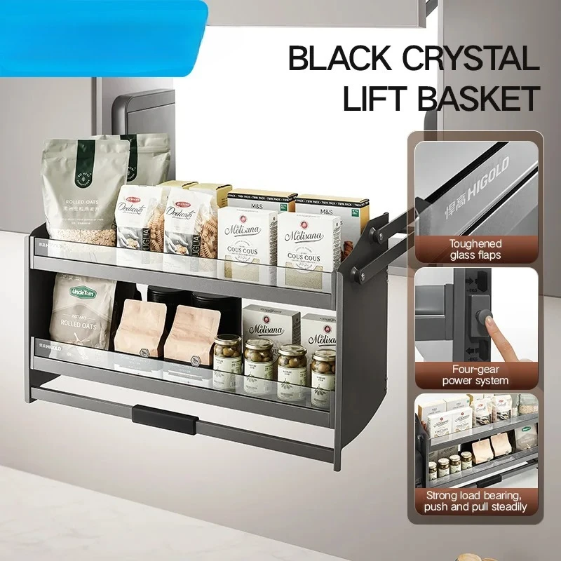 Pull Down Basket Kitchen Hanging Cabinet Lifting  Shelf Tempered Glass Design Bowl  Double Spice Basket