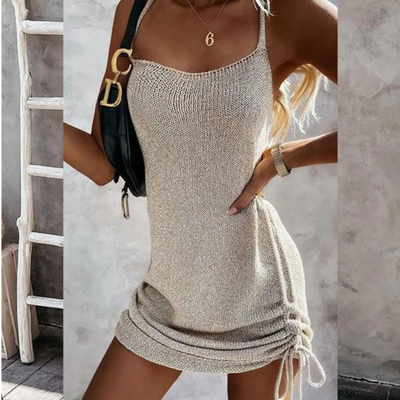 Summer Ladies Low Neck Sleeveless Tank Top Dress Fashion Hem Drawstring Solid Color Sexy Mini Club Casual Slim Dress 2022