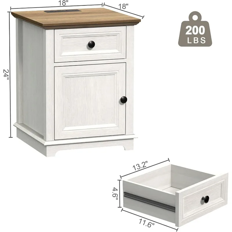 End Table with Charging Station, Fast Charge, End Table with Drawer, Big Storage Side Table for Living Room/Bedroom, White