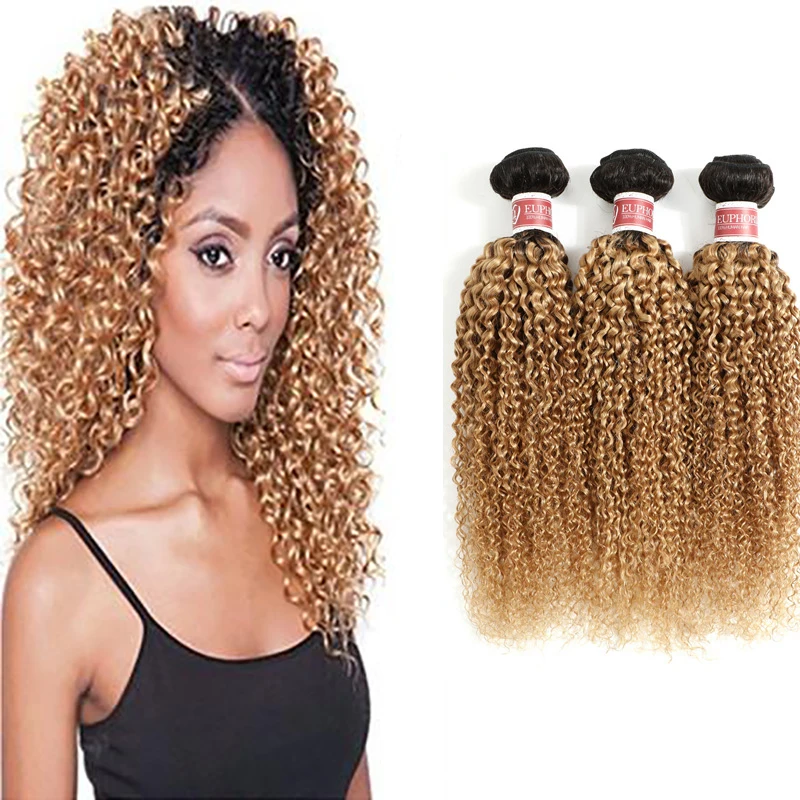 

Kinky Curly Ombre Color Hair 3 Bundles 1B Blonde 27# Color Brazilian Remy Human Hair Weaving Extensions 3/4 Pcs Bundles Euphoria