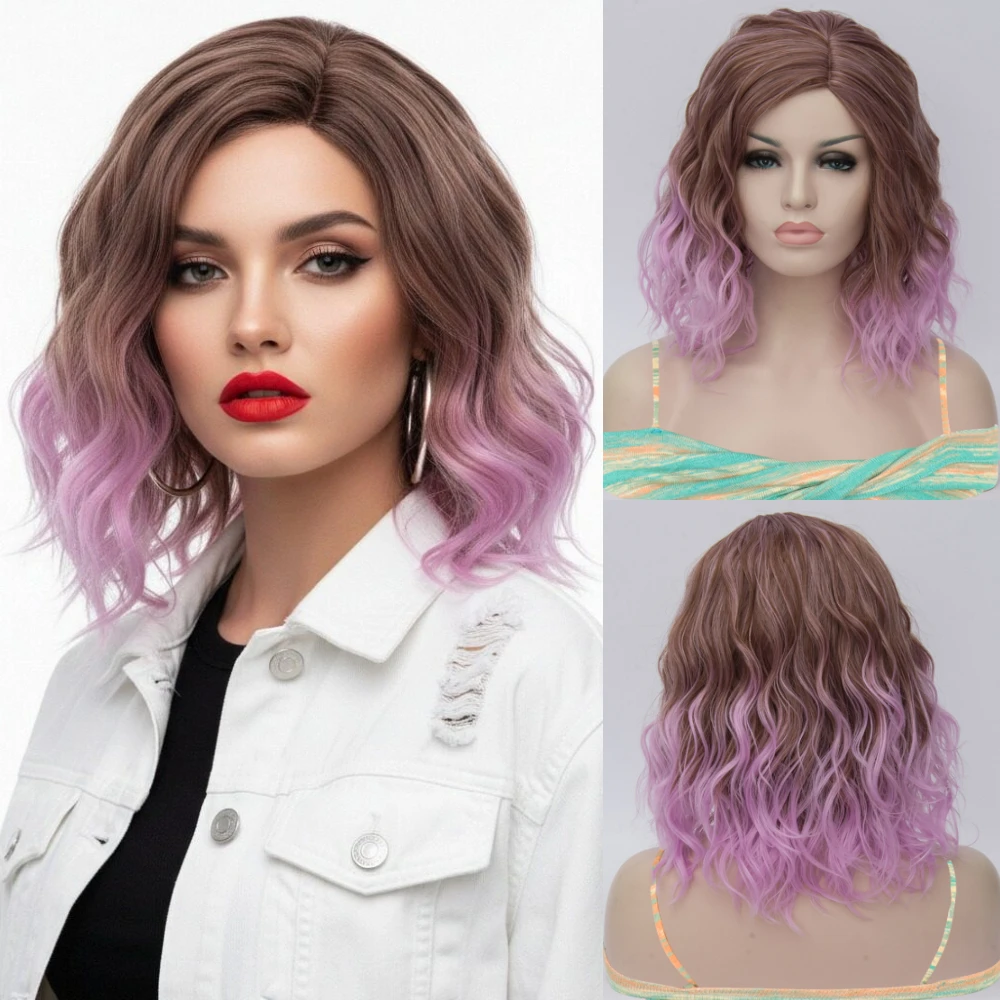 

Women Short Layered Wavy Pink Ombre Brown Wig Side Part Fluffy Synthetic Heat Resistant Wig Party Daily Cosplay
