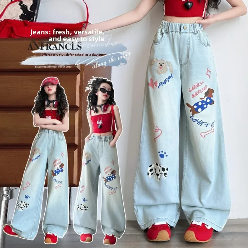 

2026 Girls Summer Jeans, New Kids Cartoon Wide Leg Thin Casual Pants for Big Girls