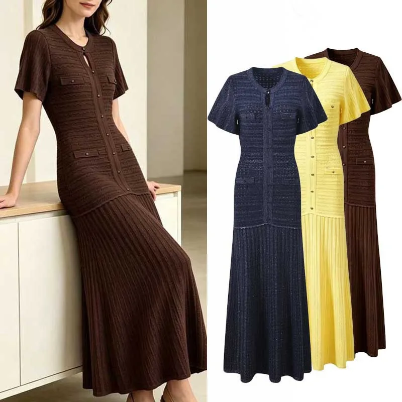 

Elegant Casual Summer Button Front Textured Pleated Hem Midi Maxi Dress with Short Sleeves