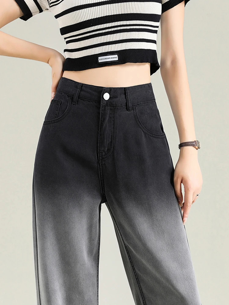 Women's Wash Water Gradient Black Baggy Denim Jeans Street Style American Casual Trousers Female High Waist Straight Loose Pants