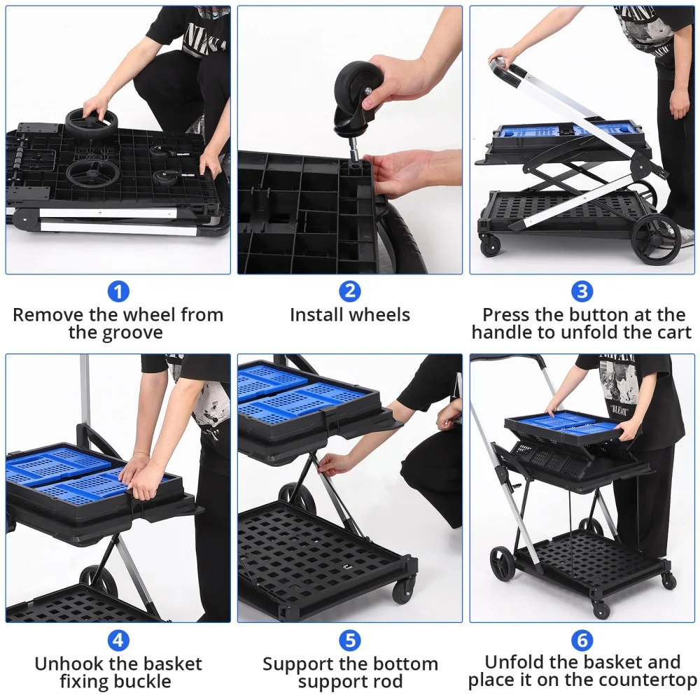2-Tier Folding Shopping Cart with Wheels Service Cart with Storage Crate, Utility Carts 200LBS Capacity Storage Hand Truck