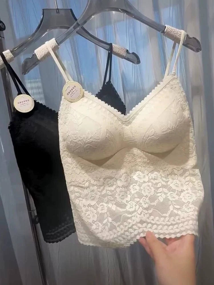 Lace Strap Vest Women Summer Outerwear Inner Match Base Shirt with Chest Pad Beautiful Back Bra Integrated Seamless Underwear
