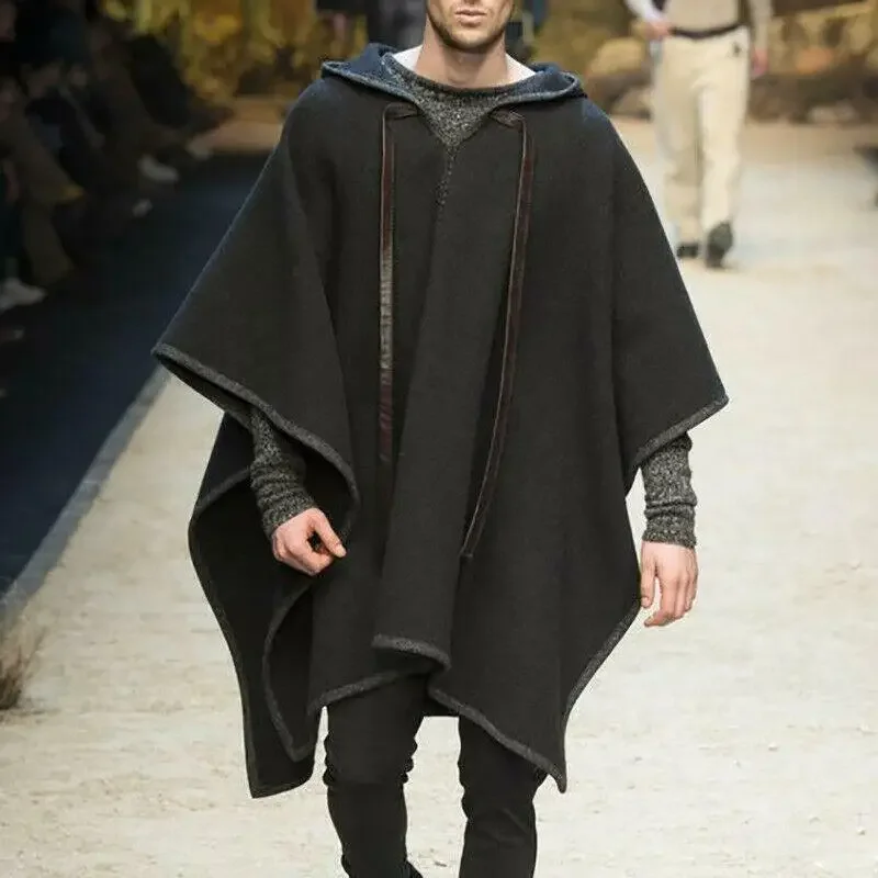 Spring and Autumn Winter Casual Loose Solid Color V-Neck Cloak Shawl Hoodie Cloak Woolen Coat Male