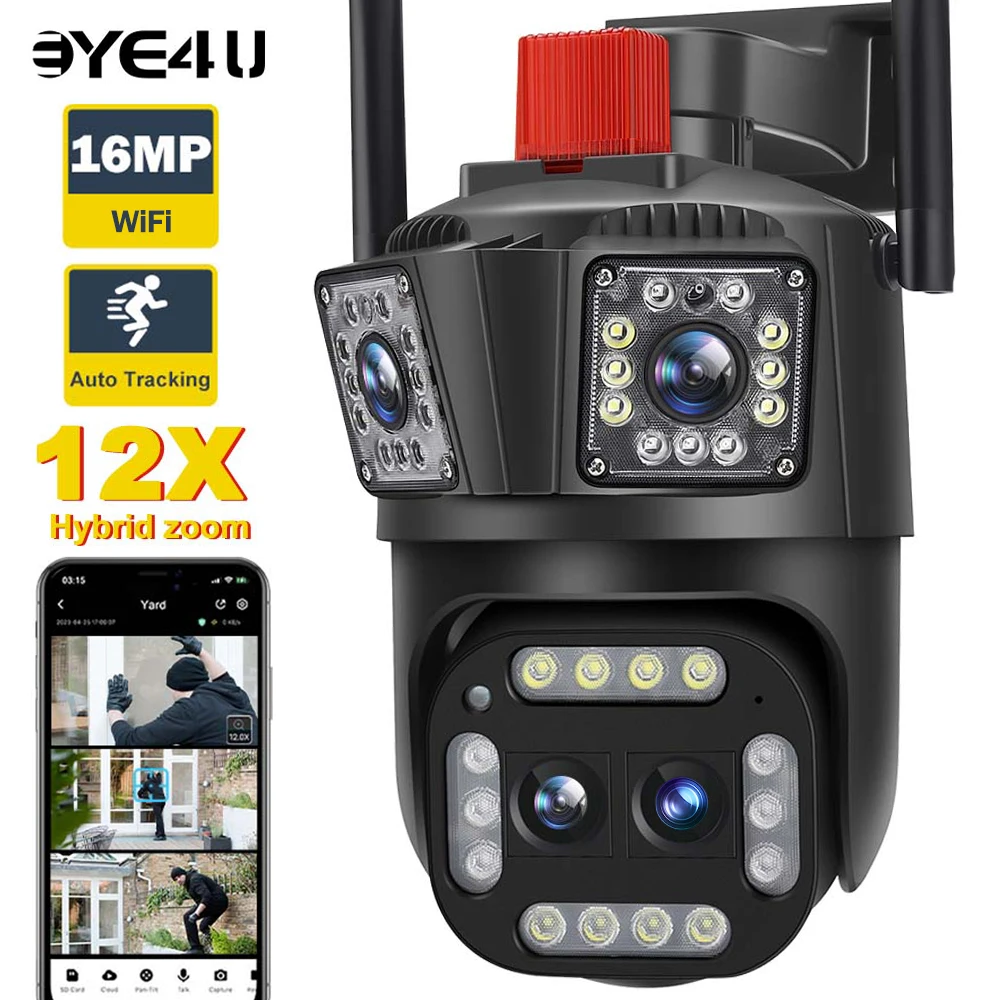 16MP 8K Outdoor WiFi Camera 12X Zoom AI Motion Tracking Four Lens PTZ Video Cameras 360° View Security Protection Surveillance