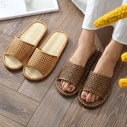 Rattan Linen Home Slippers for Women Men Summer Wisteria Woven Cooling Floor Indoor Slides Unisex Bedroom Shoes Mujer Zapatilla