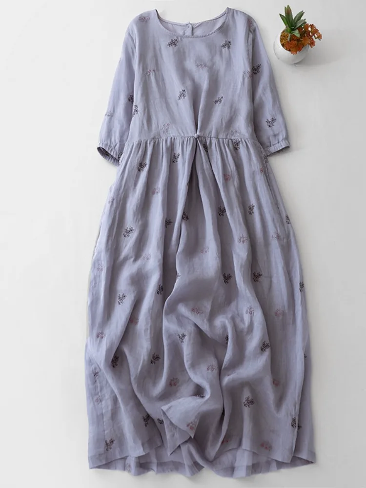 Ele Geborduurde Bloemen Hennep Dr Dames Zomer Afslanken Lange Katoenen Linnen Rok Grote Schommel Ronde Ne A-lijn Dr