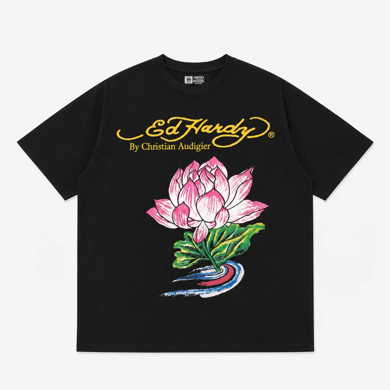 Ed Hardy Pink Lotus Flower Green Leaf Water Ripple Print T Shirt Unisex Loose Oversized Harajuku Streetwear Cotton Summer