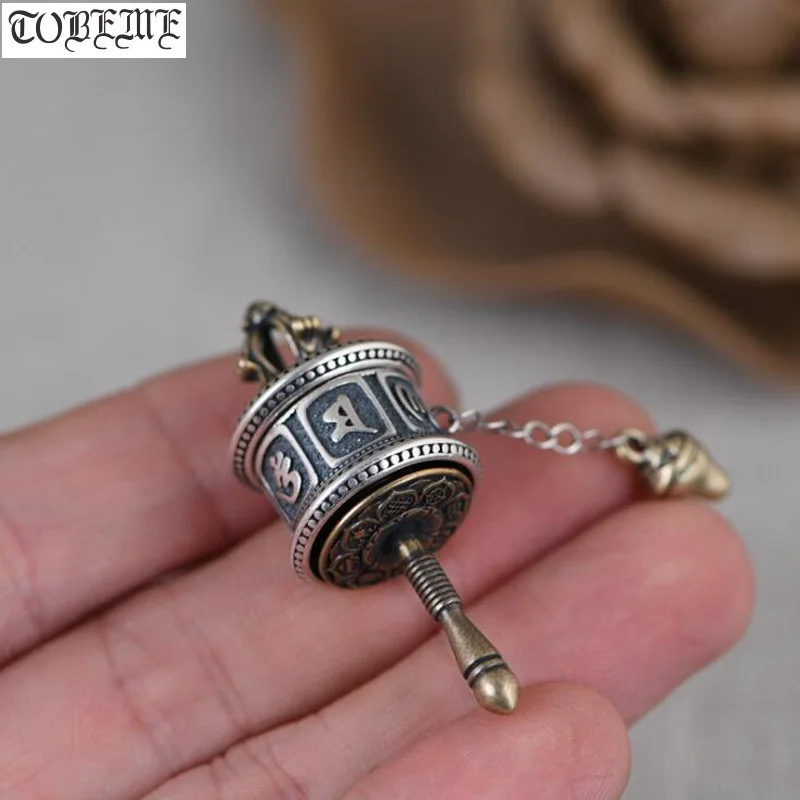 Real 925 Silver Tibetan Prayer Wheel Pendant Sterling Buddhist Prayer Turning Pendant Praying Pendant
