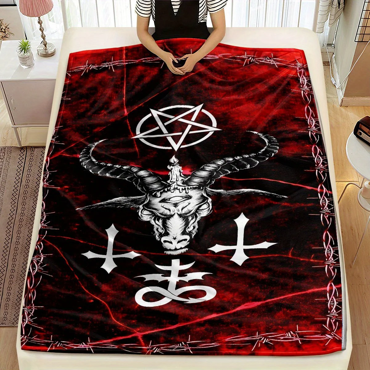 

Gothic Occult Flannel Blanket – Retro Pentagram Design – Soft All-Season Throw – Multi-Use for Home & Travel Decor