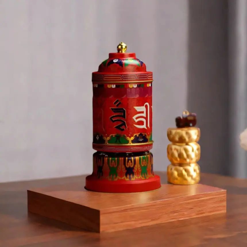 Tibetan Painted Electric Prayer Wheel, Plug-in Style Six-Character Mantra Drum, Indoor Desktop Decoration Home Buddhist Ornament