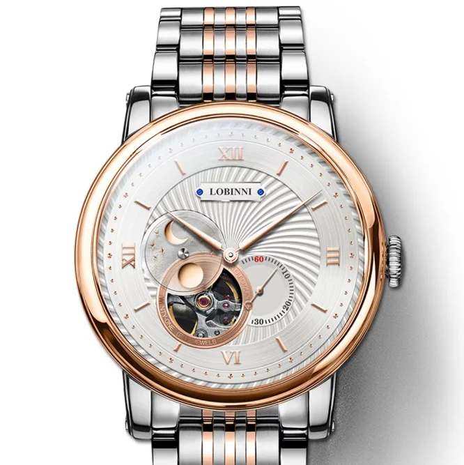 LOBINNI Men Automatic Watch 40.5mm Mechanical Wristwatch Sapphire Mirror Skeleton Dial 24 Hours Sun-Moon