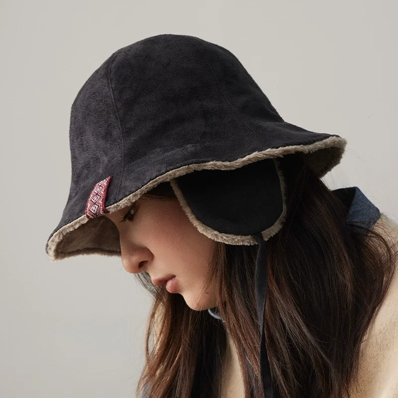 Thickened ear-protecting fisherman's hat with straps for windproof and warmth new style of women's basin