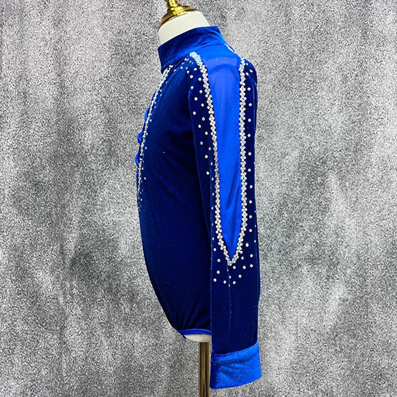 2024 Blue Velvet Latin Dance Tops Boys Kids Cha Cha Dance Costume Adult Men Latin Performance Wear Practice Bodysuit DNV21009