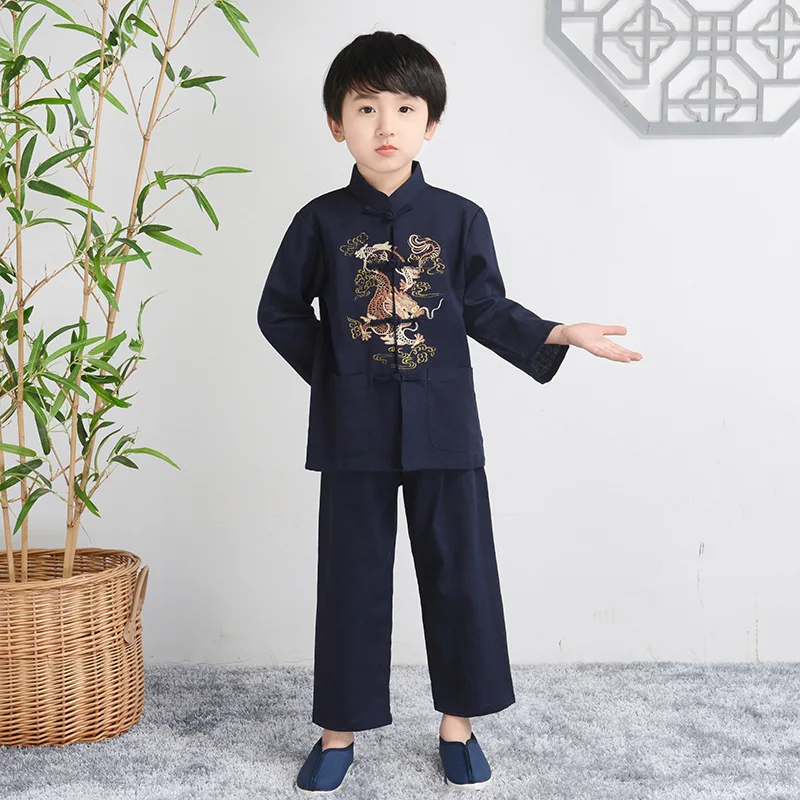 Jongens Katoenen Lijn Tang Kleding Lange Mouw Hanfu Set Kind Chinese Stijl Shirt & Broek 2 Stuks Outfit Borduren Dragon Kongfu Kostuum