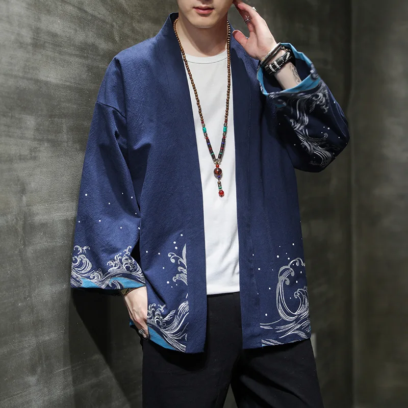 

Print Wave Hanfu Coat Jacket Spring New Streetwear Japanese Yukata Robe Plus Size Cotton Linen Japanese Kimono Cardigan Novelty