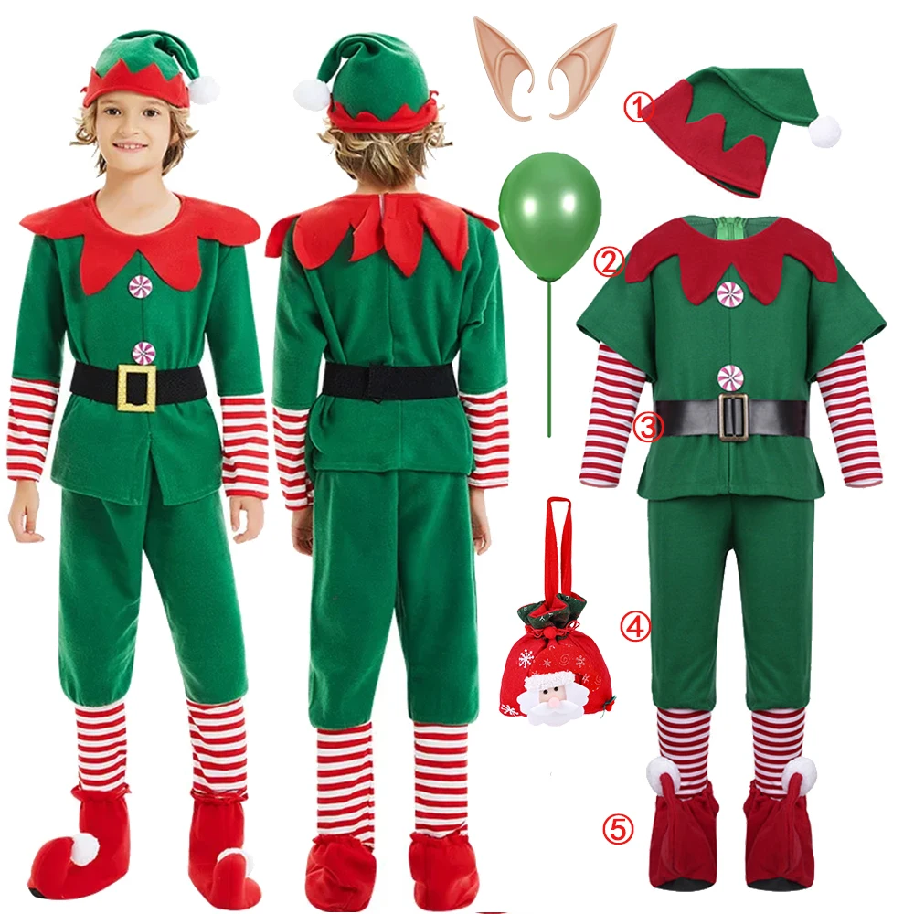 Boy Christmas Suits Elf Set Xtmas Suits Top+Hat+Socks+Shoes+Belt Adult Kids 2025 New Year Clothes Carnival Party Evening Costume