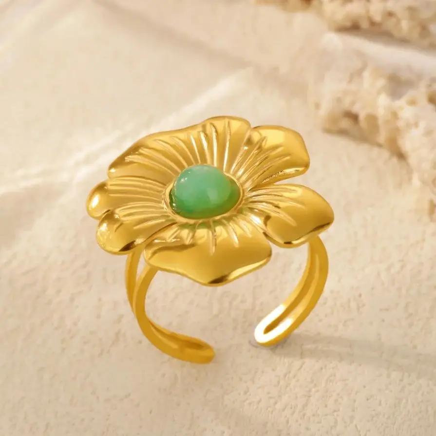 

Luxury Natural Stone Flower Rings For Women Gold Color Stainless Steel Geometric Flower Opening Ring Wedding Jewelry Gift BFF