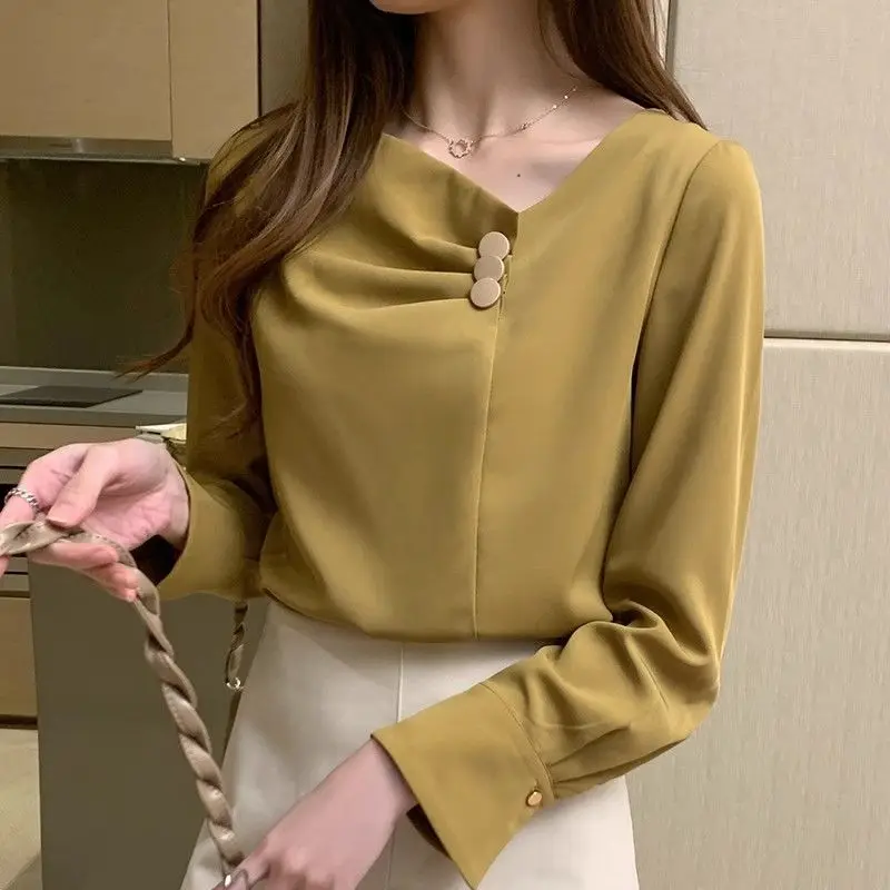 

Spring Summer Women's Solid Skiw Collar Long Sleeve Loose Button Irregular Pullers Fashion Casual Korean Commute Tops JJ491