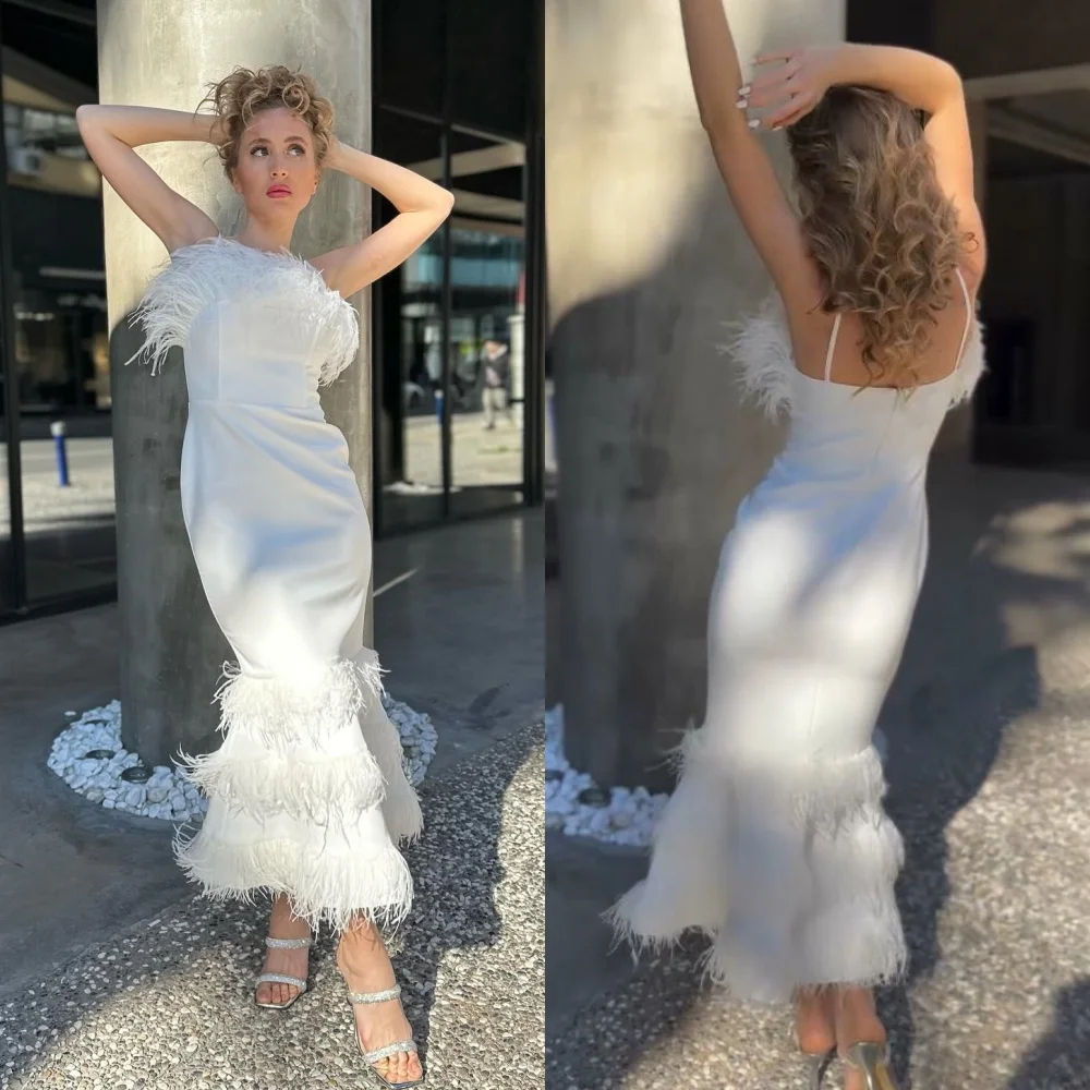 

Customized Jersey Feather Ruched Christmas Mermaid Strapless Bespoke Occasion Gown Midi Dresses Evening Saudi Arabia Prom