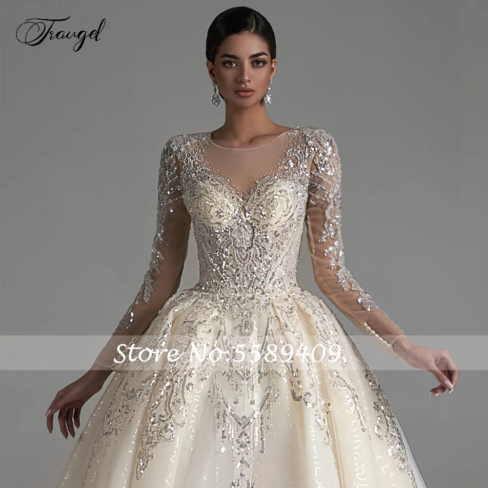 Traugel Ball Gown Luxo Vestidos De Noiva O-Neck Manga Longa Vestido De Novia Lace frisada Capela Trem Glamorous Vestido De Noiva