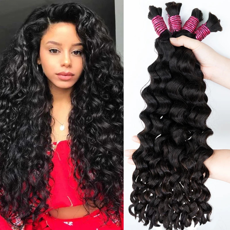 Volume do cabelo humano para trançar, onda de água, nenhuma trama, indiano real, natural, preto, extensões, encaracolado