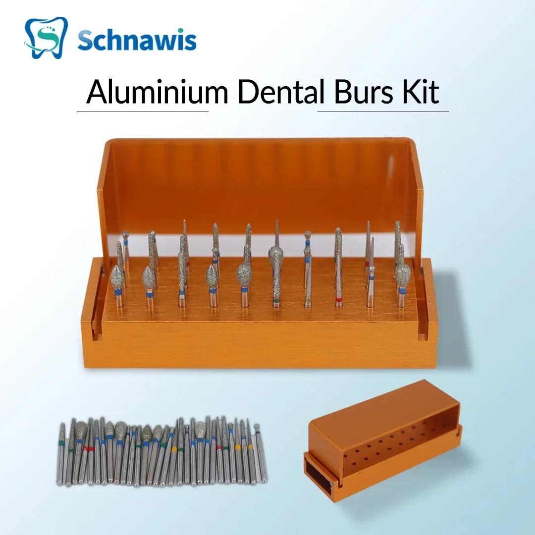 30Pcs/set Aluminium Dental Burs Kit with Holder Dental Diamond Burs for High Speed Handpiece Turbine + Burs Placement Box