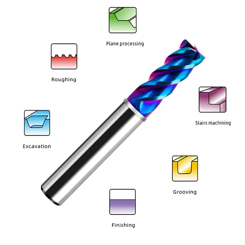 YIFINO Blue Nano Coating 4-Flute Tungsten Steel Carbide Falt Milling Cutter TGA-HRC70 CNC Mechanical Center End Mill Tools