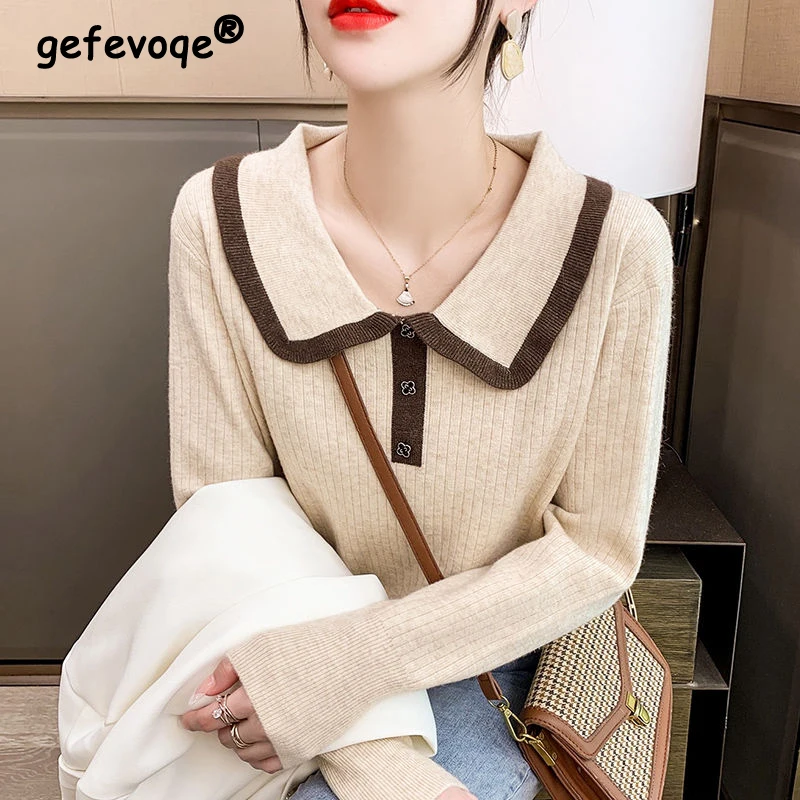 Sprint Autumn Fashion Women\'s Contrast Color Kawaii Sweet Peter Pan Collar Slim Knitwear Casual Long Sleeve Pullovers Top Female