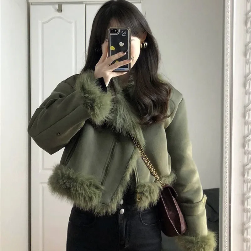 Mode Frauen Pelzmantel Nachahmung fuchs pelz Pelz integrierte Motorrad uniform weibliche 2025, Frühling Herbst Winter Design Haarigen Mantel