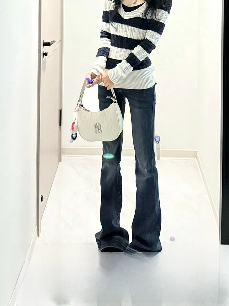 

Джинсы в американском стиле High Street, больших размеров, ретро, темные, с низкой талией, расклешенные, женские, летние, прямые, длинные, стройнящие брюки