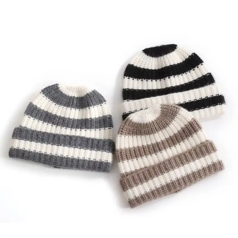 High-End Pure Cashmere Striped Knitted Wool Hat Japanese Style Warm Casual Large Head Circumference Autumn Winter Versatile Hat