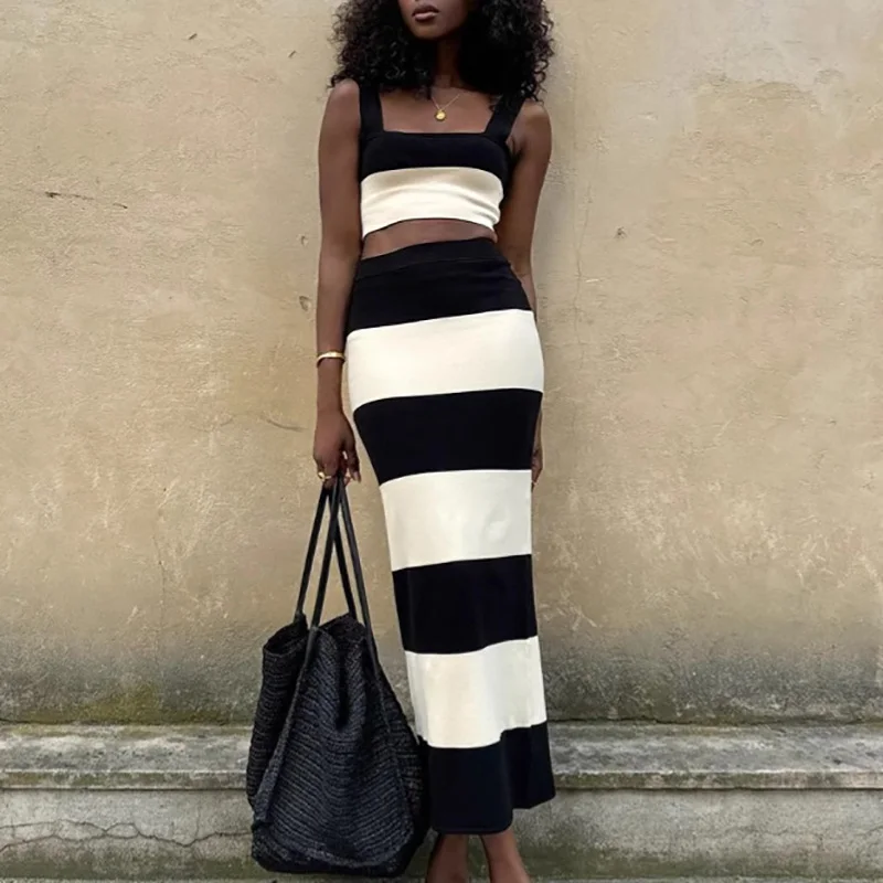 

Black White Knit Striped Print Outfits Elegant Sleeveless Sling Vest & Long Skirt Suit Women Fashion Hollow Out Sweater 2Pc Sets