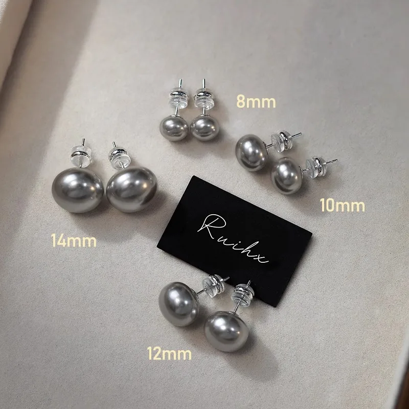 999 Silver Ear Needles Many Hemp Aurora Platinum Silver-gray Flat Round Steamed Buns Pearl Stud Earrings Women's Senior