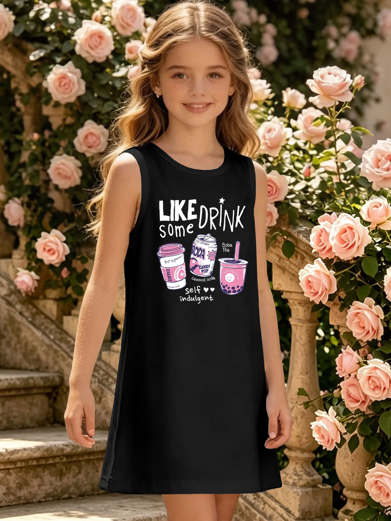 Kids Sleeveless A‑Line Dress Cute Beverage Letter Graphic Print Casual Stylish Summer Outfit for Teen Daily Holiday Wear