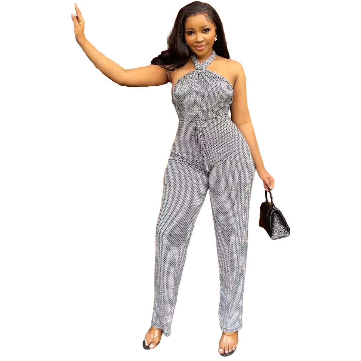 European and American women's clothing New casual fashion open-back halterneck print jumpsuit