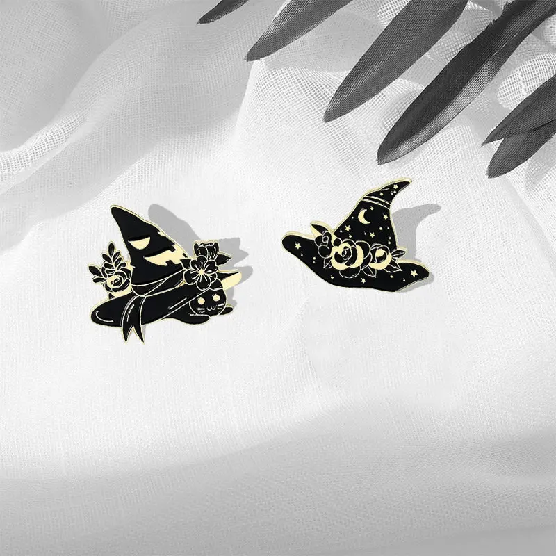 Witch Cats Enamel Pin Custom Starry Wizard Hat Brooch Bag Clothes Lapel Pin Black Gothic Badge Witchcraft Jewelry Gift Friends