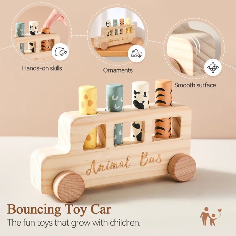 Jouets rebondissants en bois pour bébé, voiture en forme de Bus Animal, éducation du nouveau-né, Puzzle sensoriel, Coordination œil-main, jouets d'entraînement, cadeaux pour bébé
