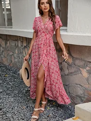 Spring Autumn Women's New One Piece Waist Strap Beach Skirt Seaside Vacation Sexy V-neck Large Swing Irregular Dress