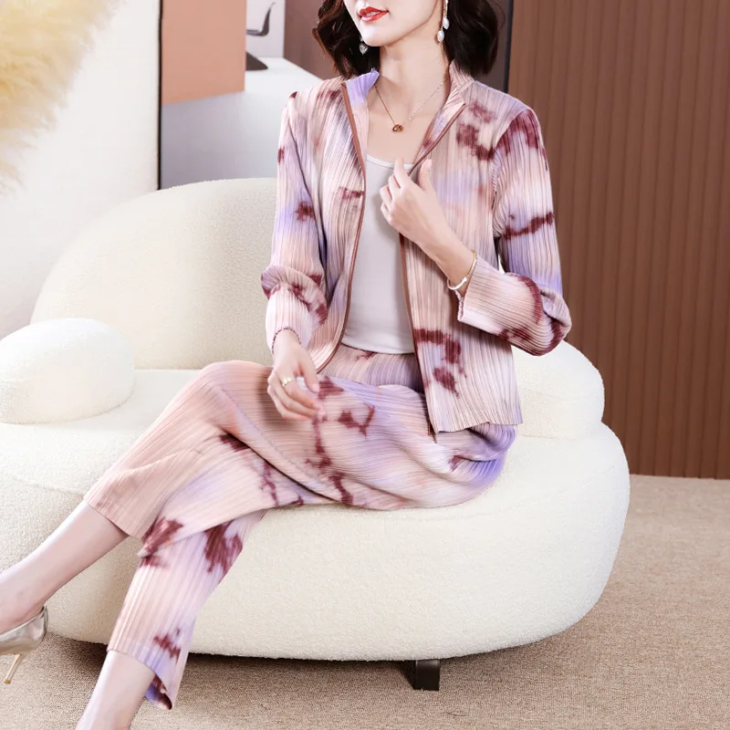 

Pant Suits 2023 Spring New Miyake Pleated Woman Clothes Fashion Stand Collar Zipper Jacket + Ankle-Length Pant