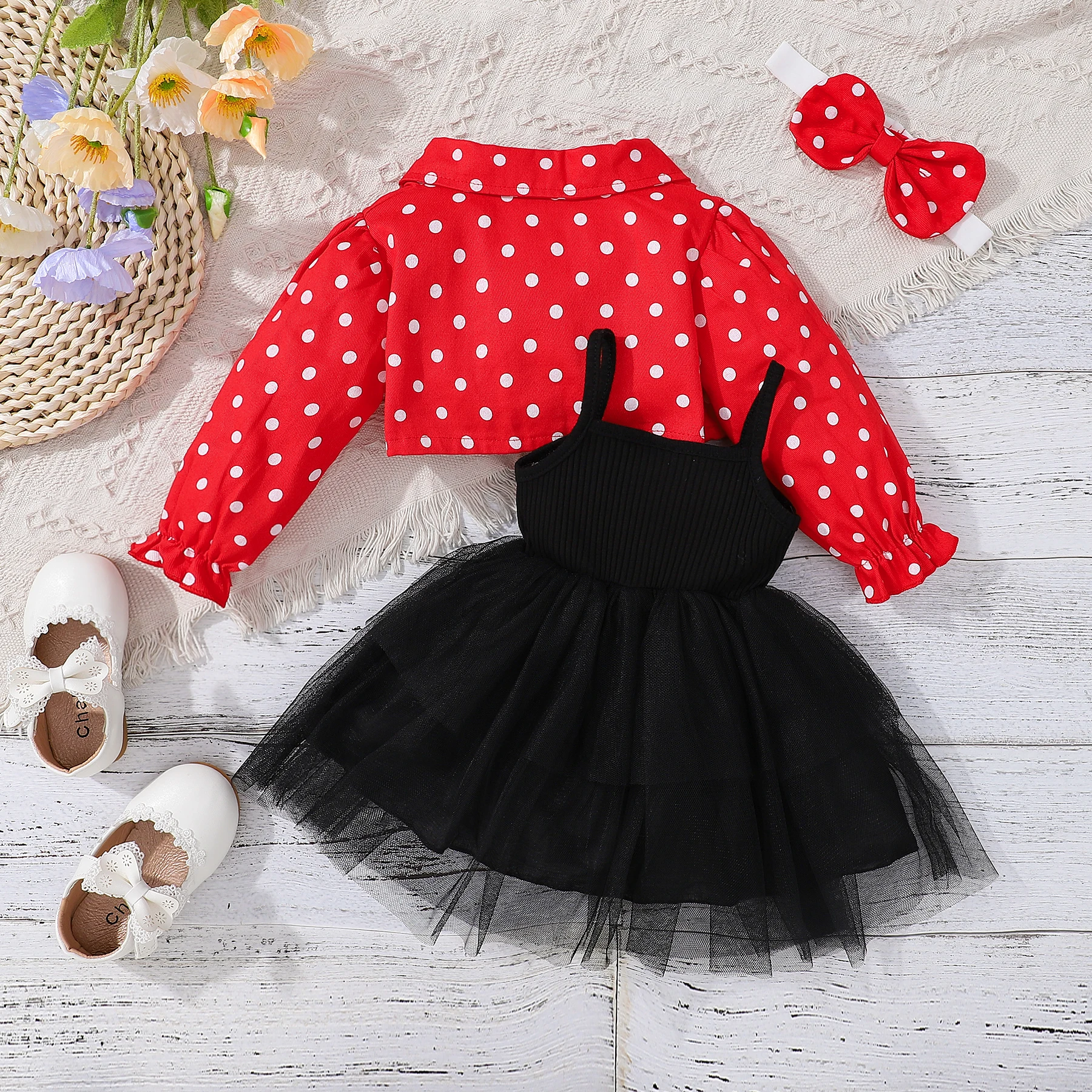 PatPat Dresses Party Dress Baby Girl Clothes 100% Cotton Long-sleeve Infant Jacket and Rib Knit Mesh Cami 3pcs Set