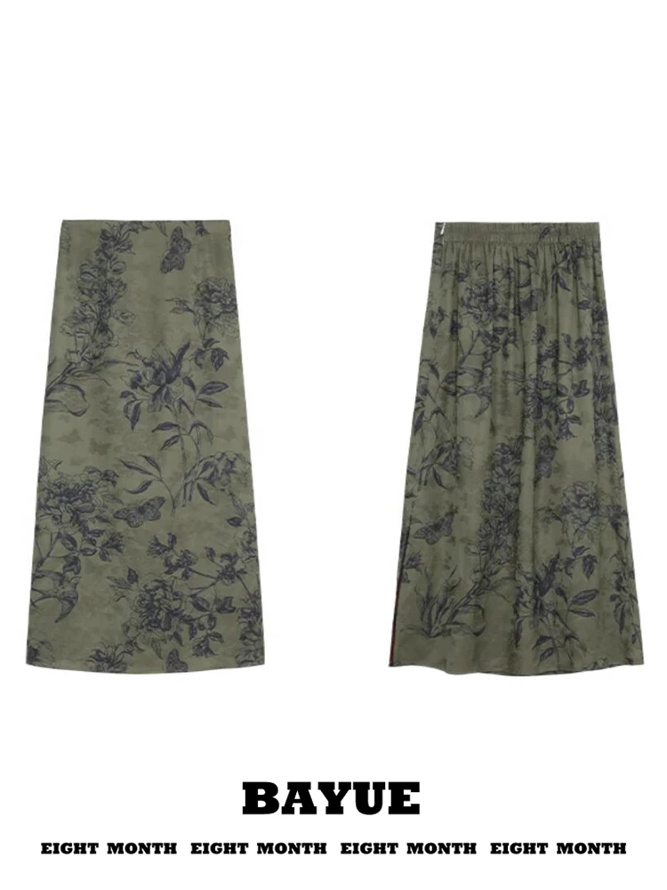 New Chinese Style Green Floral Print Asymmetrical High Waist Slim Long Skirt Women's Early Autumn Zen Spirit Side Split Half ...