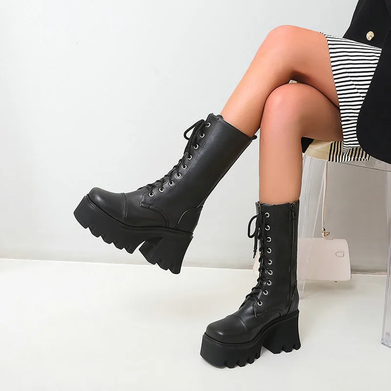 Onlymaker Platform Thick Heel Mid-Calf Boots PU Lace Up Chunky Punk High Heels Black Booties