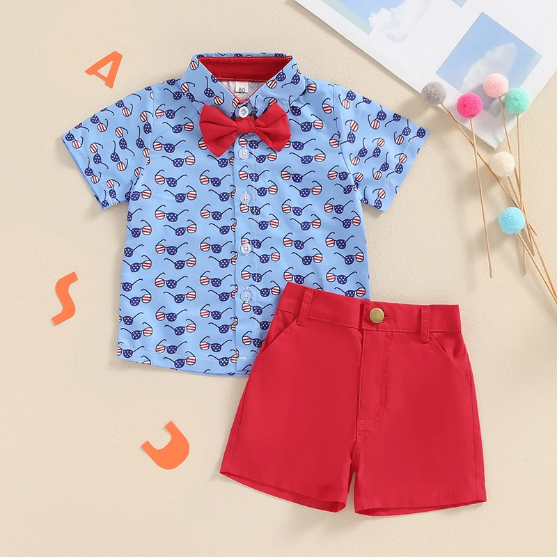 

2024-03-19 Lioraitiin 6M-4Y Toddler Boy 4th of July Outfit Sunglass Print Button Down Short Sleeve Shirt with Solid Color Shorts