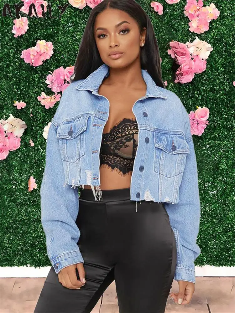 

Akaily Fall Blue Denim Pocket Crop Top Jacket Streetwear Y2k Clothing For Women 2023 Long Sleeve Asymmetry Bodycon Jackets